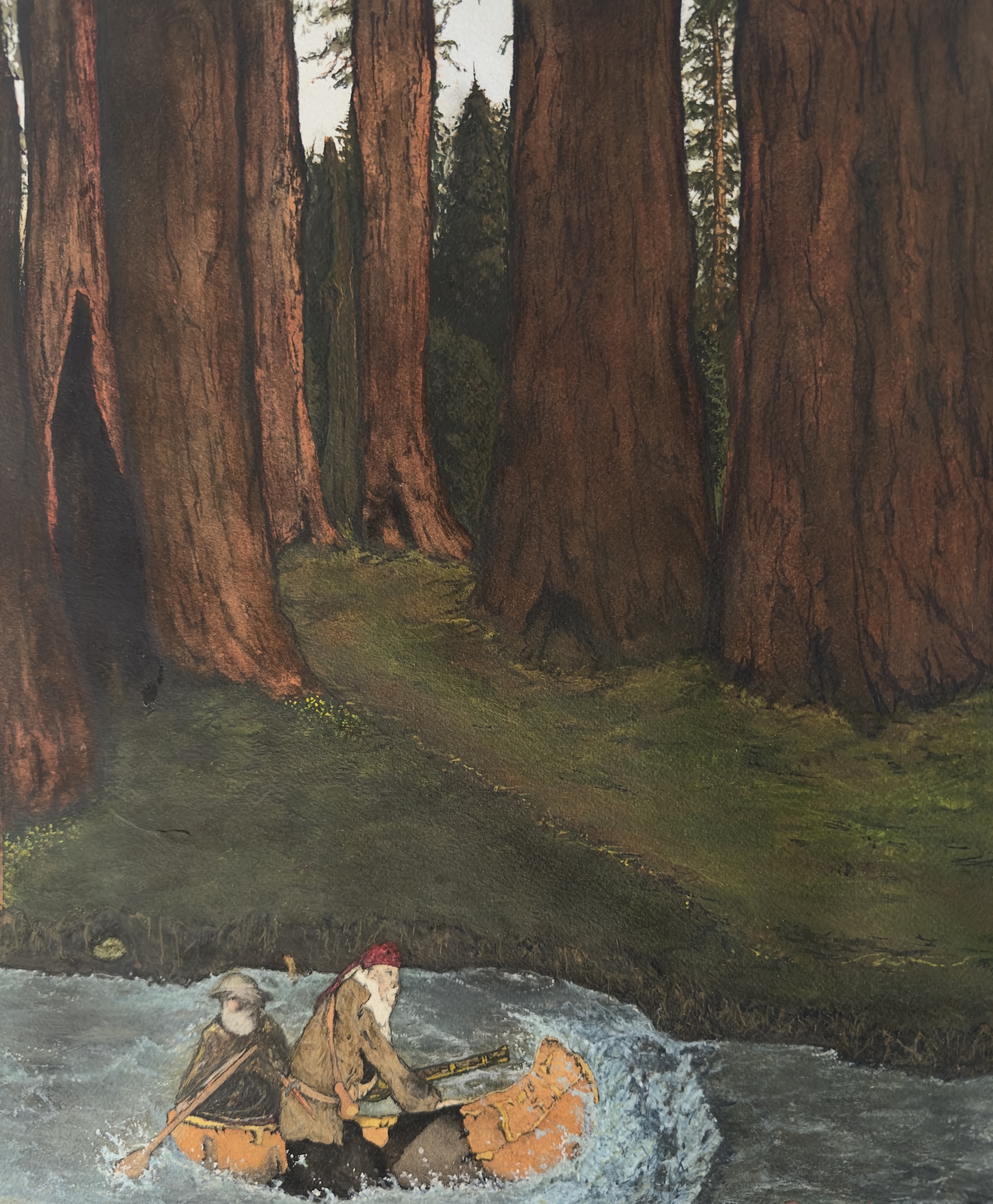 Untitled watercolor in progress by Ryan Hafer — two figures in a canoe navigating a river surrounded by towering trees